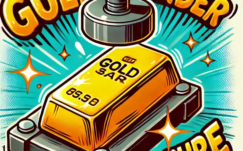 DALL E 2025 05 13 06 52 12 A cartoon style image showing a gold bar under pressure The gold bar is being squeezed between two heavy objects like metal plates or a hydraulic pr