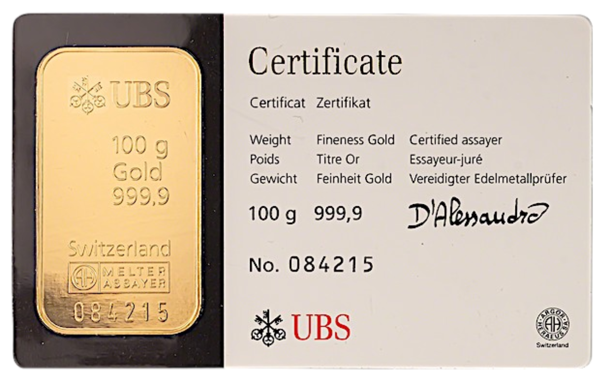 100 Gram UBS met certificaat Photoroom
