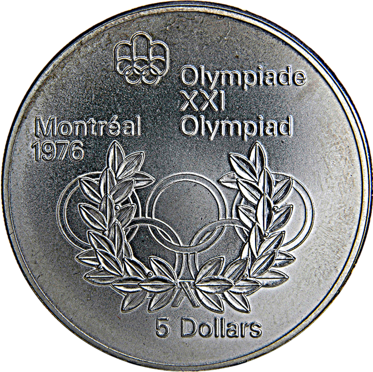 Ag 5 dollars Olympiade Montréal olympic rings and wreath