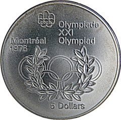 Ag 5 dollars Olympiade Montréal olympic rings and wreath