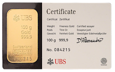 100 Gram UBS met certificaat Photoroom